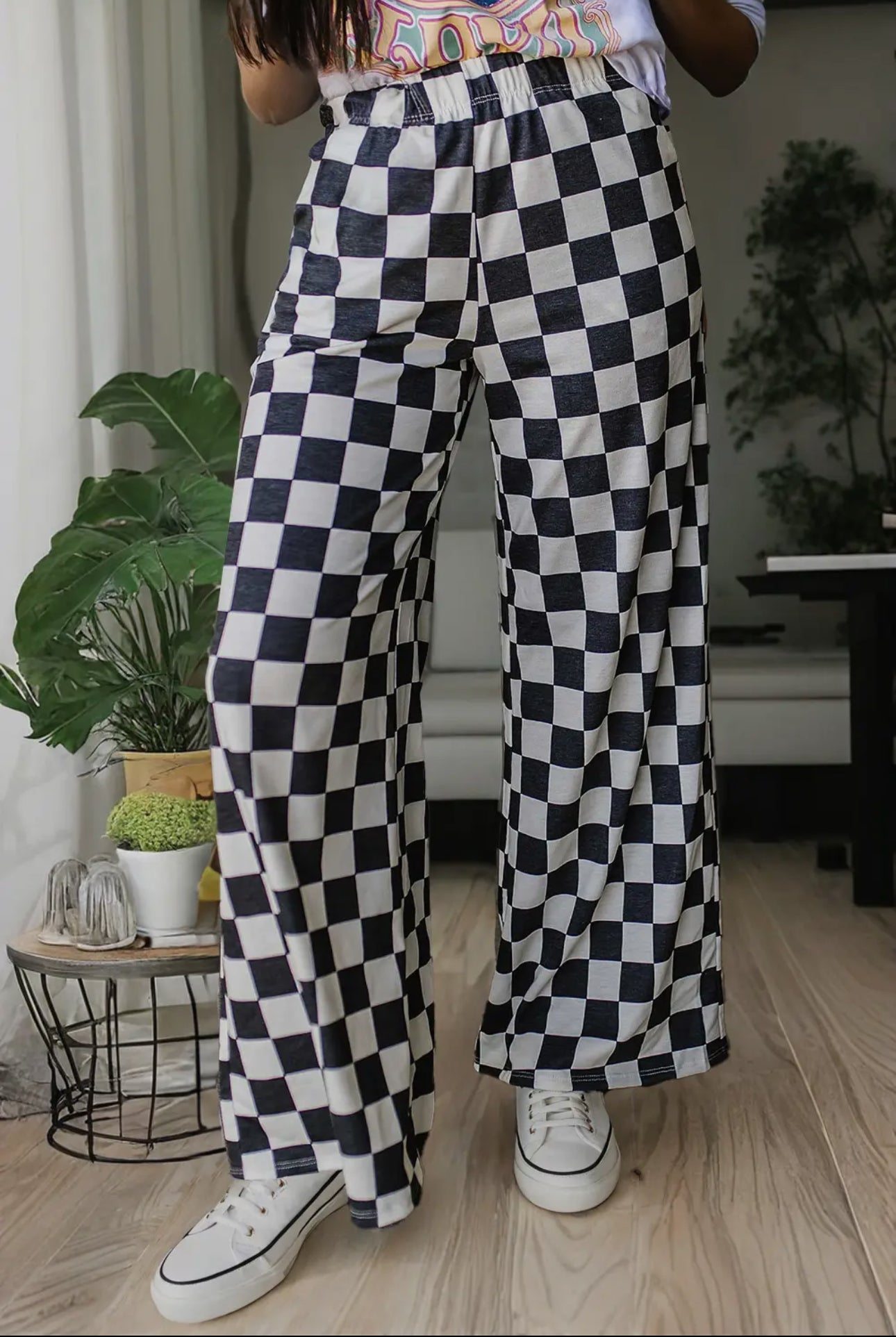 Checkered wide leg high waisted pants