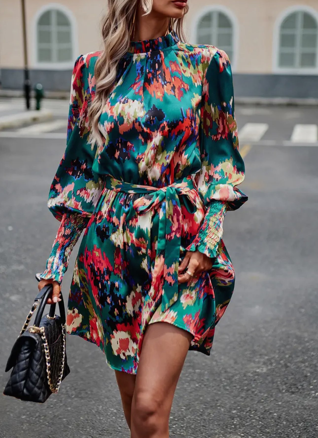 Long-sleeve ruffled floral print dress