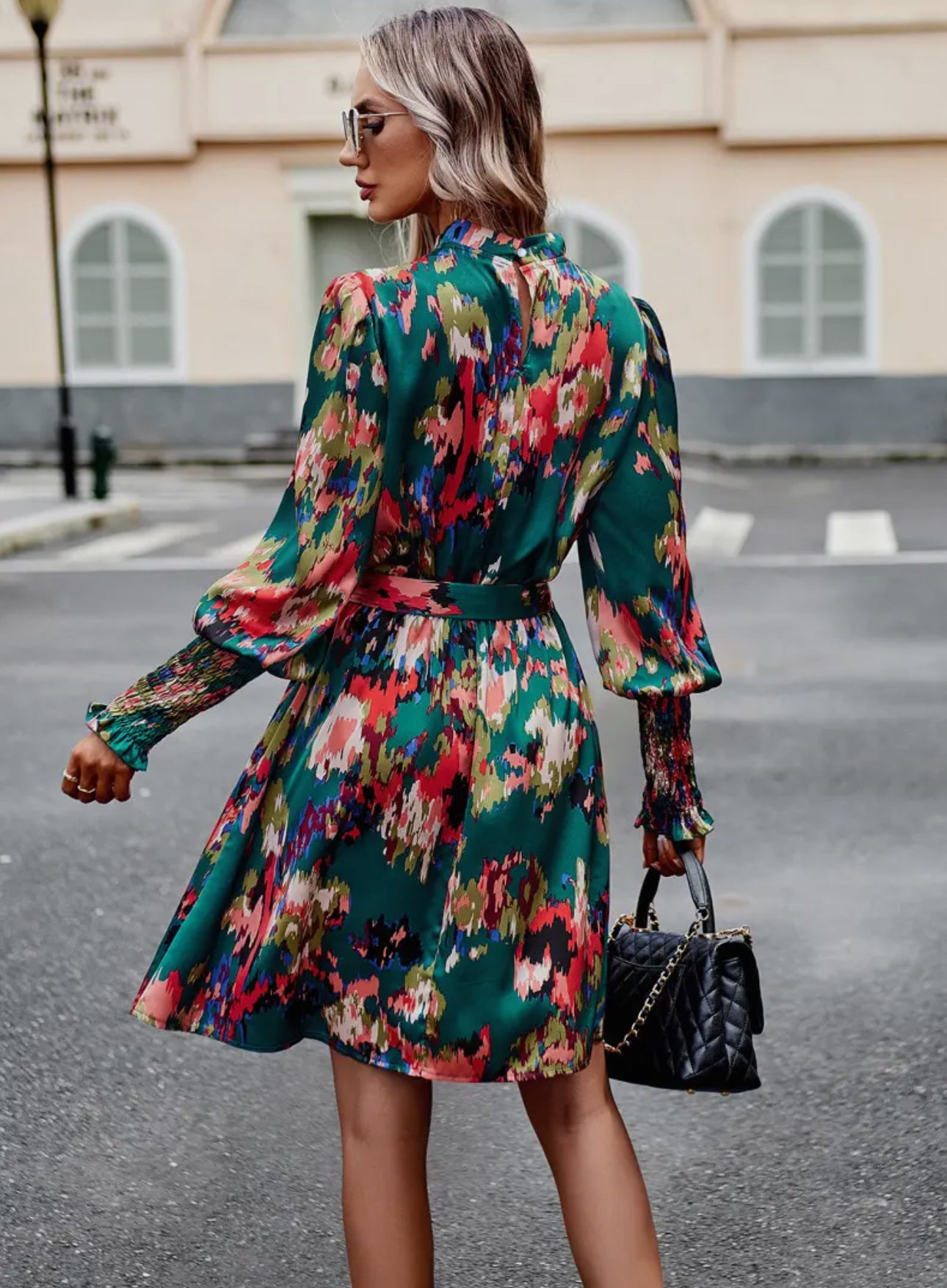 Long-sleeve ruffled floral print dress