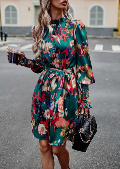 Long-sleeve ruffled floral print dress