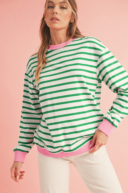 Striped Contrast Trim Long Sleeve Top