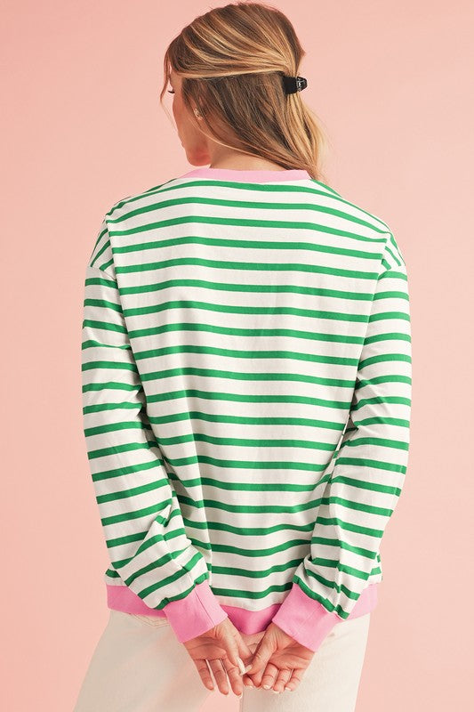 Striped Contrast Trim Long Sleeve Top