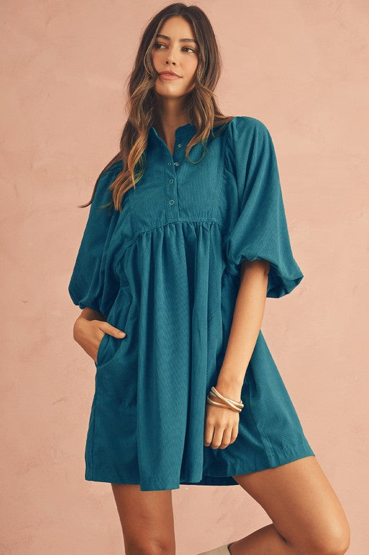 Button Empire Waist Lantern Sleeve Corduroy Dress