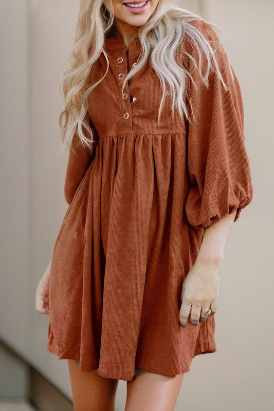 Button Empire Waist Lantern Sleeve Corduroy Dress