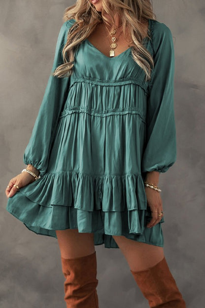 Puff Sleeve Loose Fit Tiered Ruffle Mini Dress