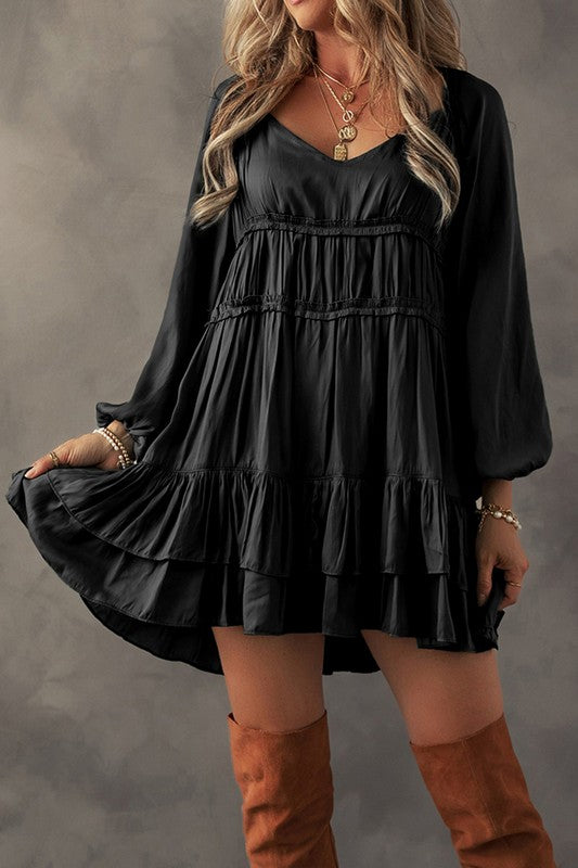 Puff Sleeve Loose Fit Tiered Ruffle Mini Dress