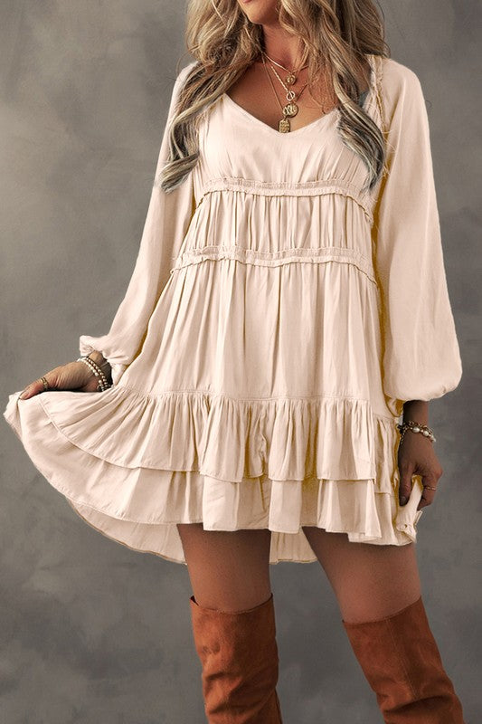 Puff Sleeve Loose Fit Tiered Ruffle Mini Dress