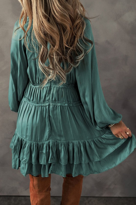 Puff Sleeve Loose Fit Tiered Ruffle Mini Dress