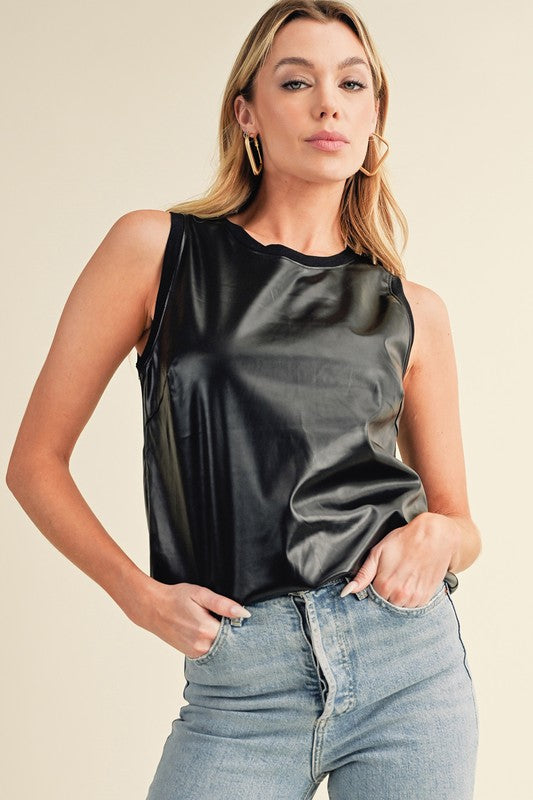 Faux Leather Crew Neck Tank Top