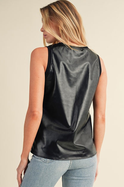 Faux Leather Crew Neck Tank Top