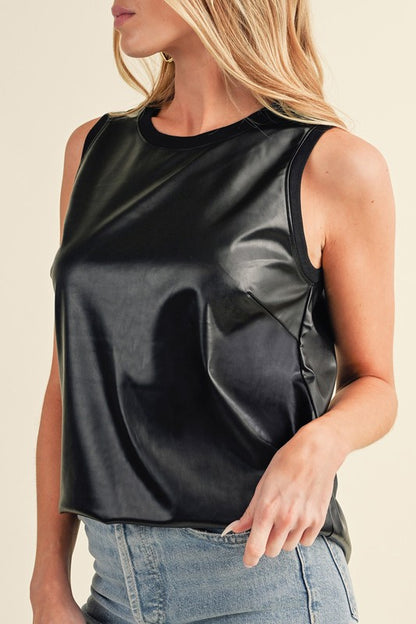 Faux Leather Crew Neck Tank Top