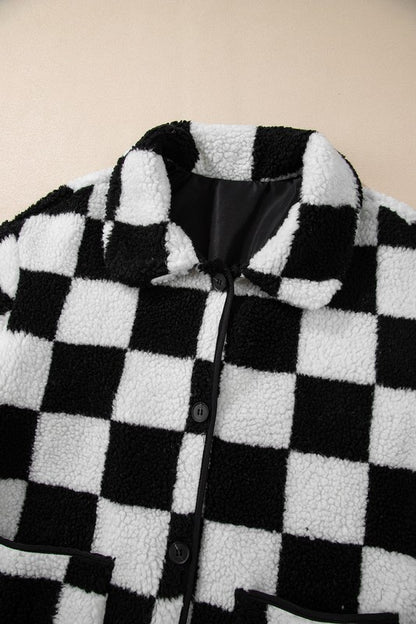 Checkered Pockets Collared Buttoned Fleece Jacket