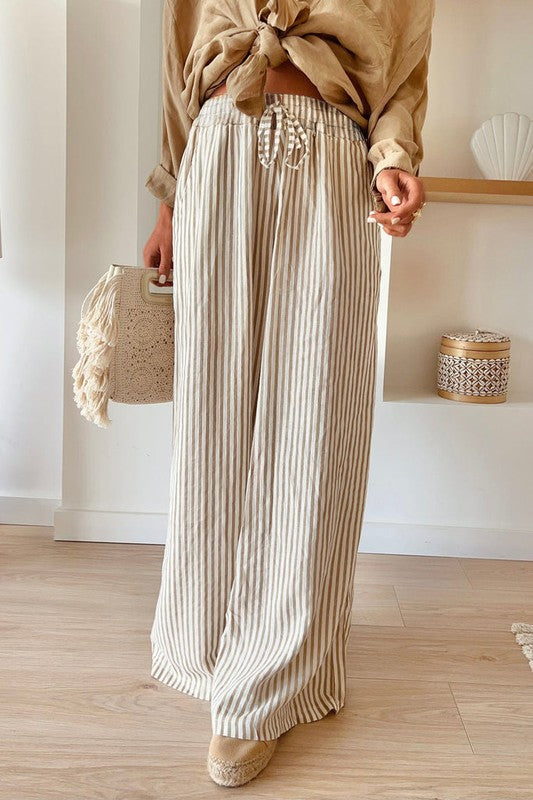 Khaki Stripe Print Wide Leg
Drawstring Pants