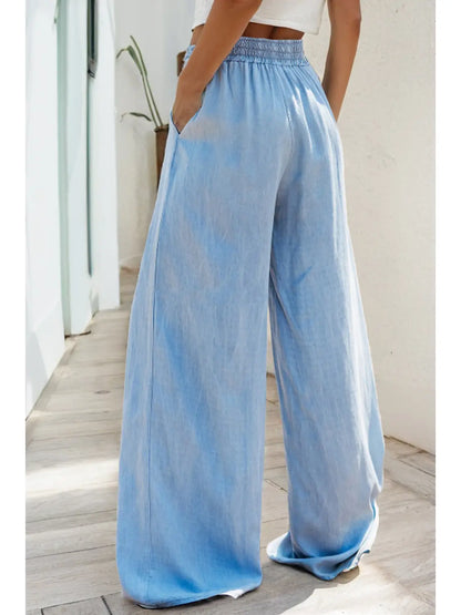 Drawstring High Waist Wide Leg Denim Pants