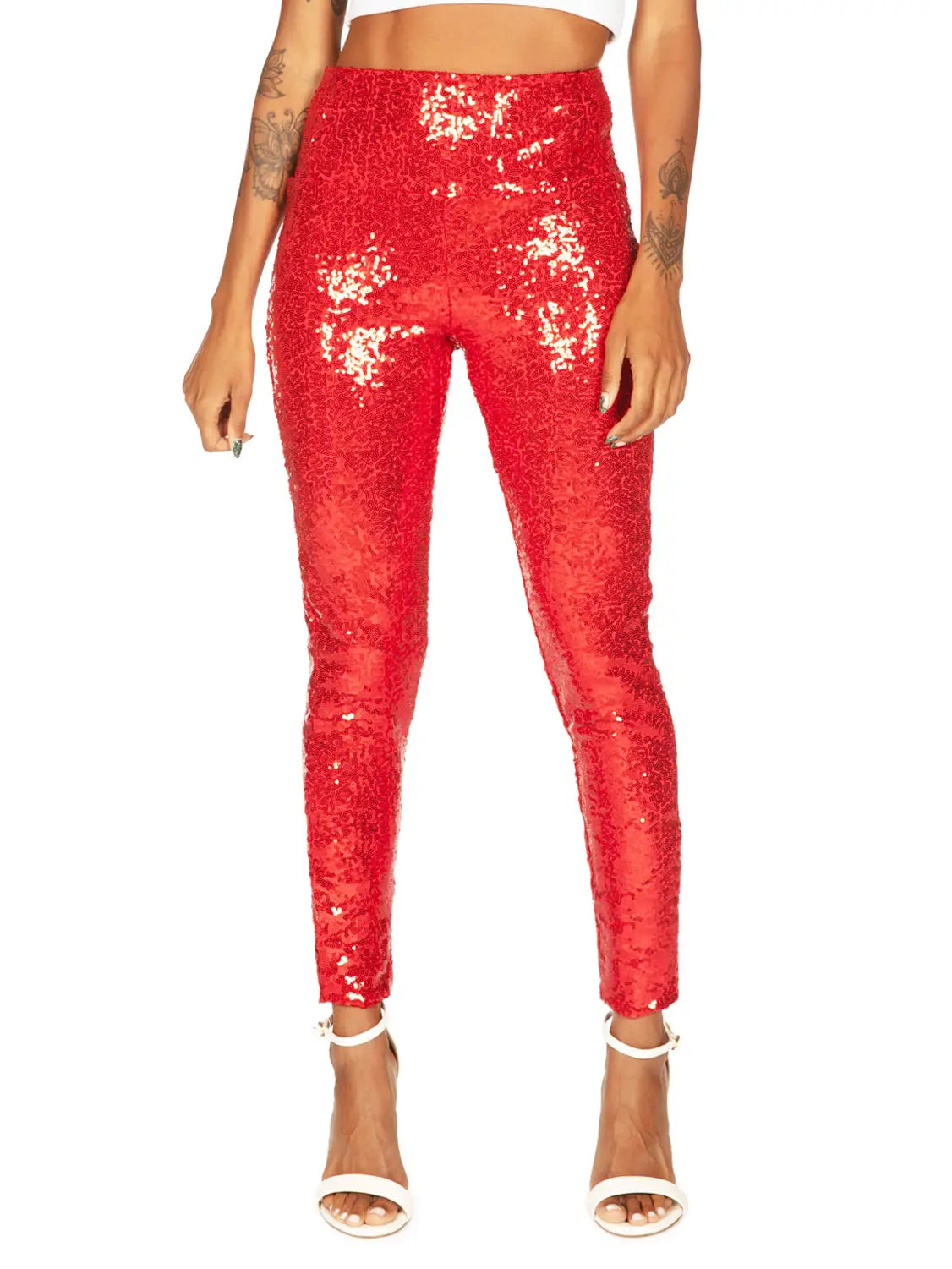 Red Sequin Leggings - High Waisted