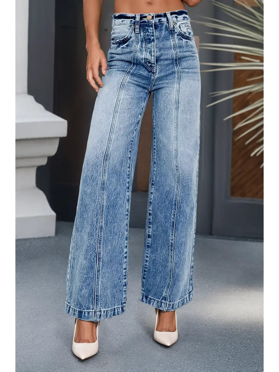 Wide leg and high waisted denim jeans