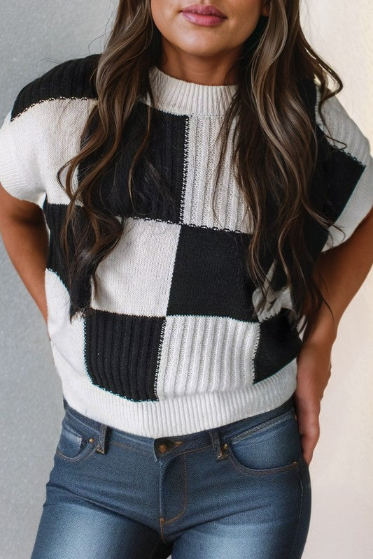 Color Block Short Sleeve Crew Neck Sweater