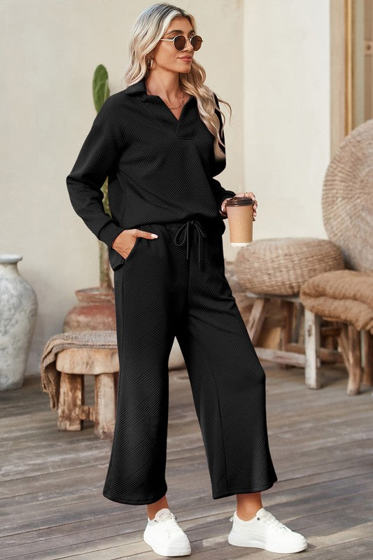 Textured V Neck Long sleeve top and Wide Leg Pants Set