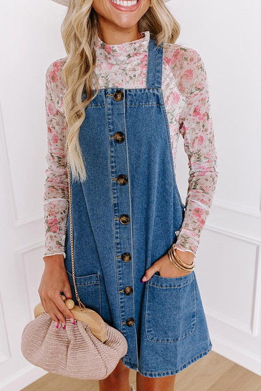 Button Front Pocketed Denim Mini Dress