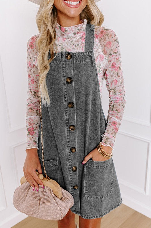 Button Front Pocketed Denim Mini Dress