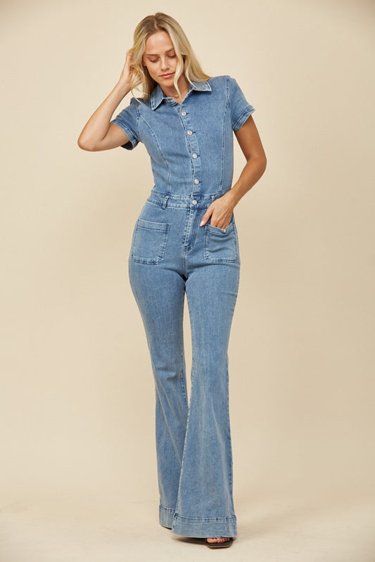 Light wash denim flared jumpsuit