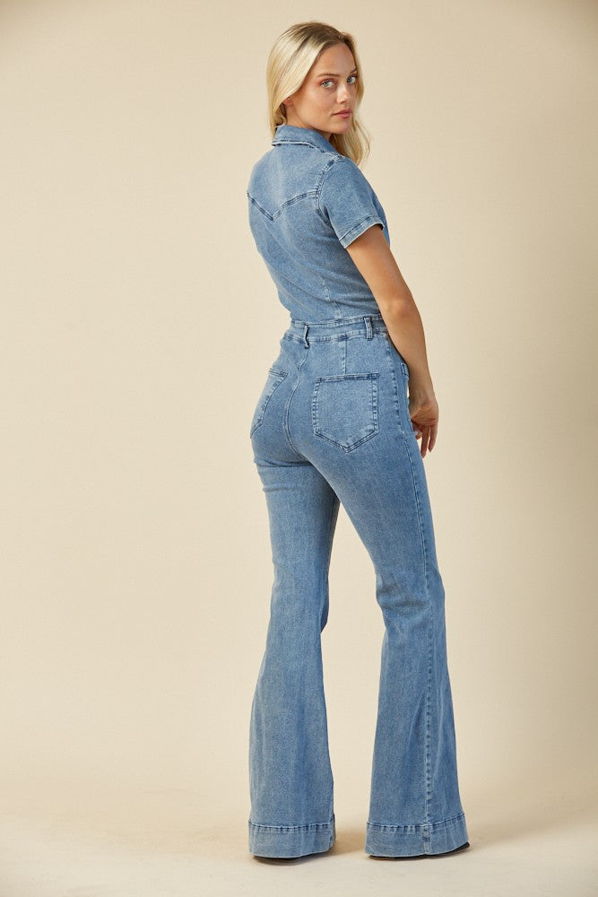 Light wash denim flared jumpsuit