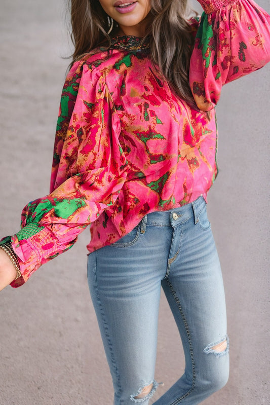 Pink abstract Print Puff Sleeve Blouse