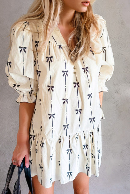 Bowknot Printed Bubble Sleeve Mini Dress