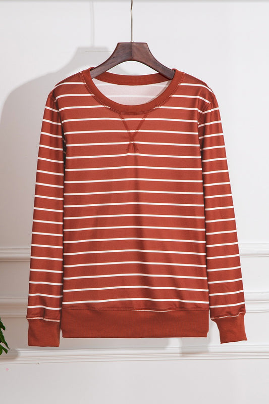 Striped Print Ribbed Trim Long Sleeve Top