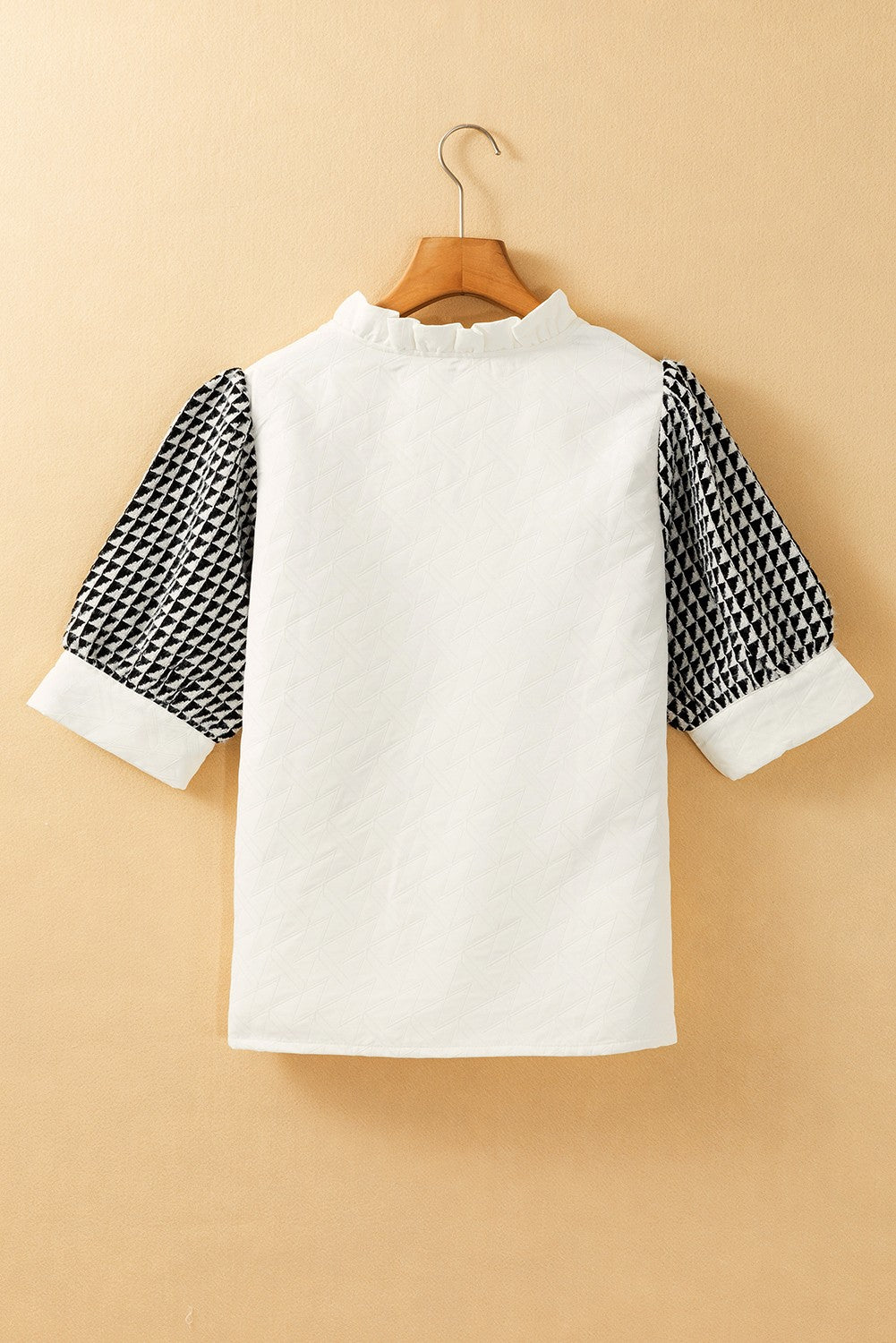 Geometric Short Sleeve Frilly V Neck Blouse