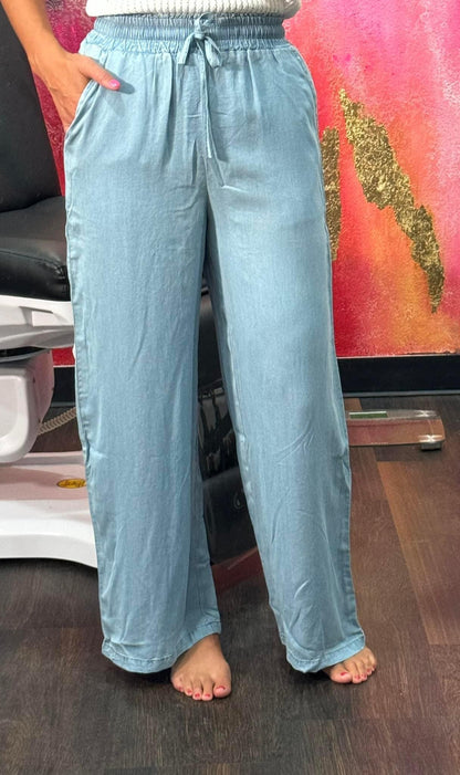 Drawstring High Waist Wide Leg Denim Pants