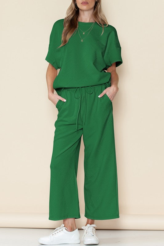 Textured Loose Fit T Shirt and Drawstring Pants Set