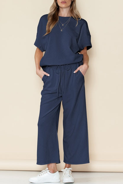 Textured Loose Fit T Shirt and Drawstring Pants Set